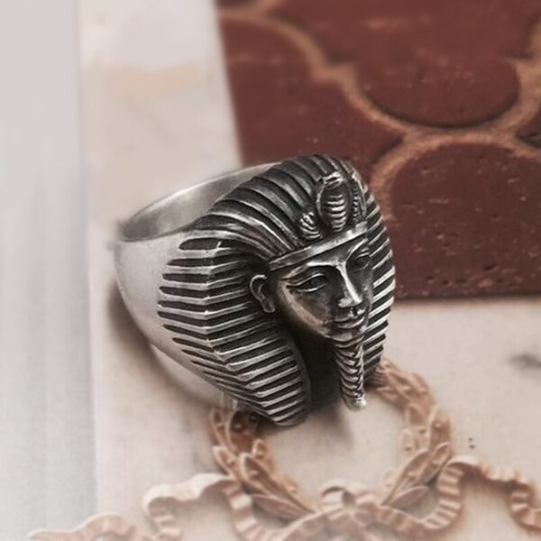 EYHIMD Vintage Egypt Tutankhamun Ring Men's Ancient Pharaoh Stainless Steel Biker Rings Egyptian Jewelry