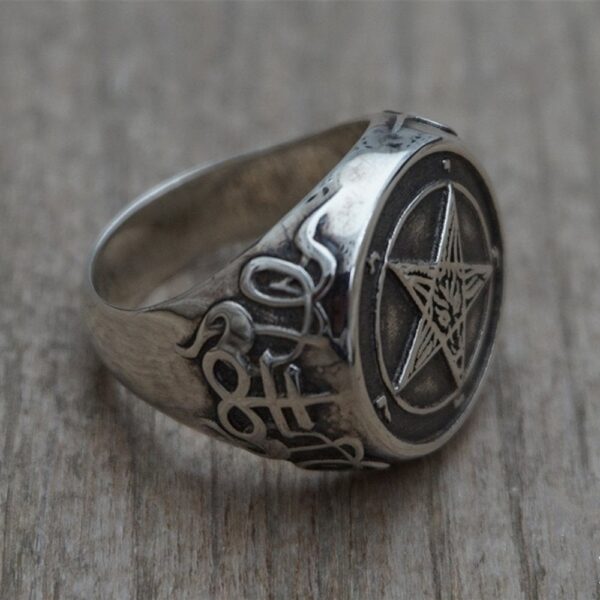 EYHIMD Occult Stainless Steel Sigil of Baphomet Ring Gothic Witch Church of Satan Cross Rings Satanic Lucifer Jewelry