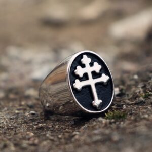 EYHIMD Classic Cross of Lorraine Signet Rings Mens Stainless Steel Biker Ring Biker Fashion Jewelry