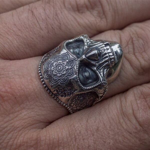 Unique Silver Color 316L Stainless Steel Heavy Sugar Skull Ring Mens Mandala Flower Santa Muerte Biker Jewelry