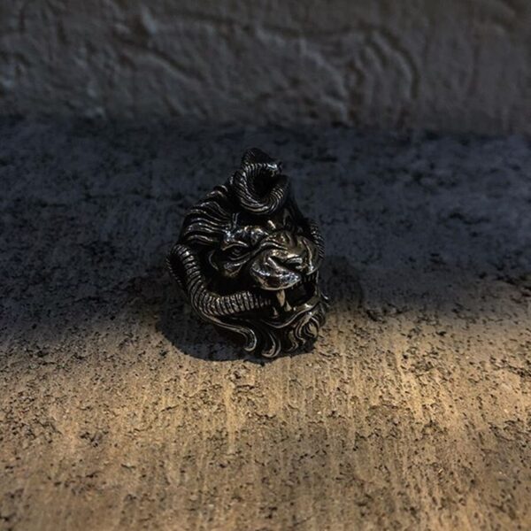 EYHIMD Lion and Snake Stainless Steel Ring Men's Punk Chimera Biker Ring Mythology Animal Jewelry