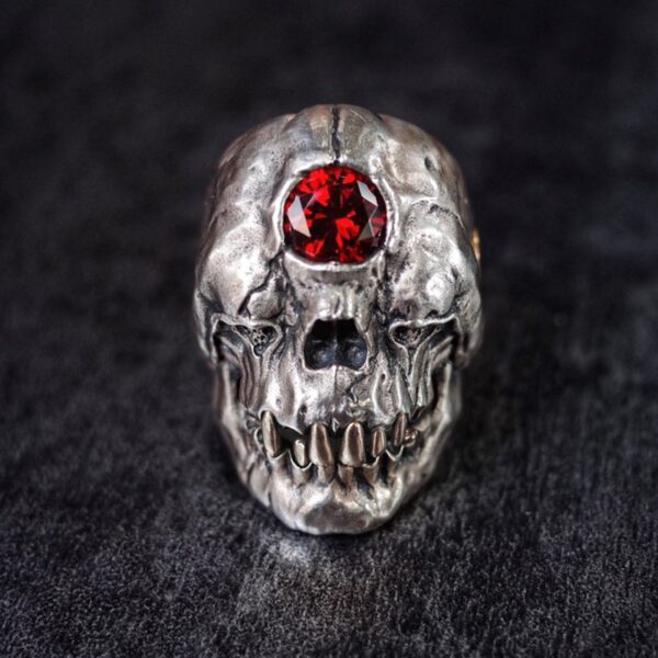 EYHIMD Cyclops Skull Ring Red Cz Crystal on The Forehead, Gothic Punk Men's Stainless Steel Biker Jewelry Gift for Him