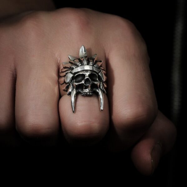 Mens Silver Color 316L Stainless Steel African Tribal Chief Chieftain Skull Rings Punk Biker Party Fashion Jewelry